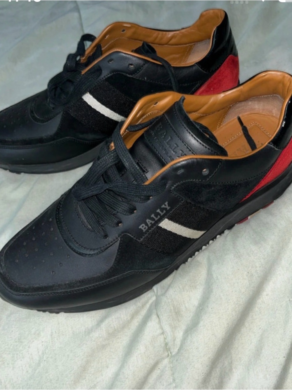 Bally Black Leather & Suede Sneakers with Red Heel and White Stripe